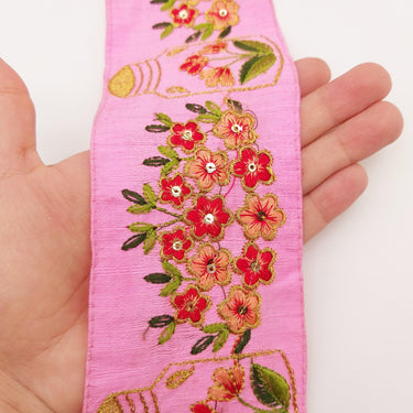 Pink Art Silk Trim With Floral Embroidery & Sequins, Red, Green And Gold Flower Embroidered Trim